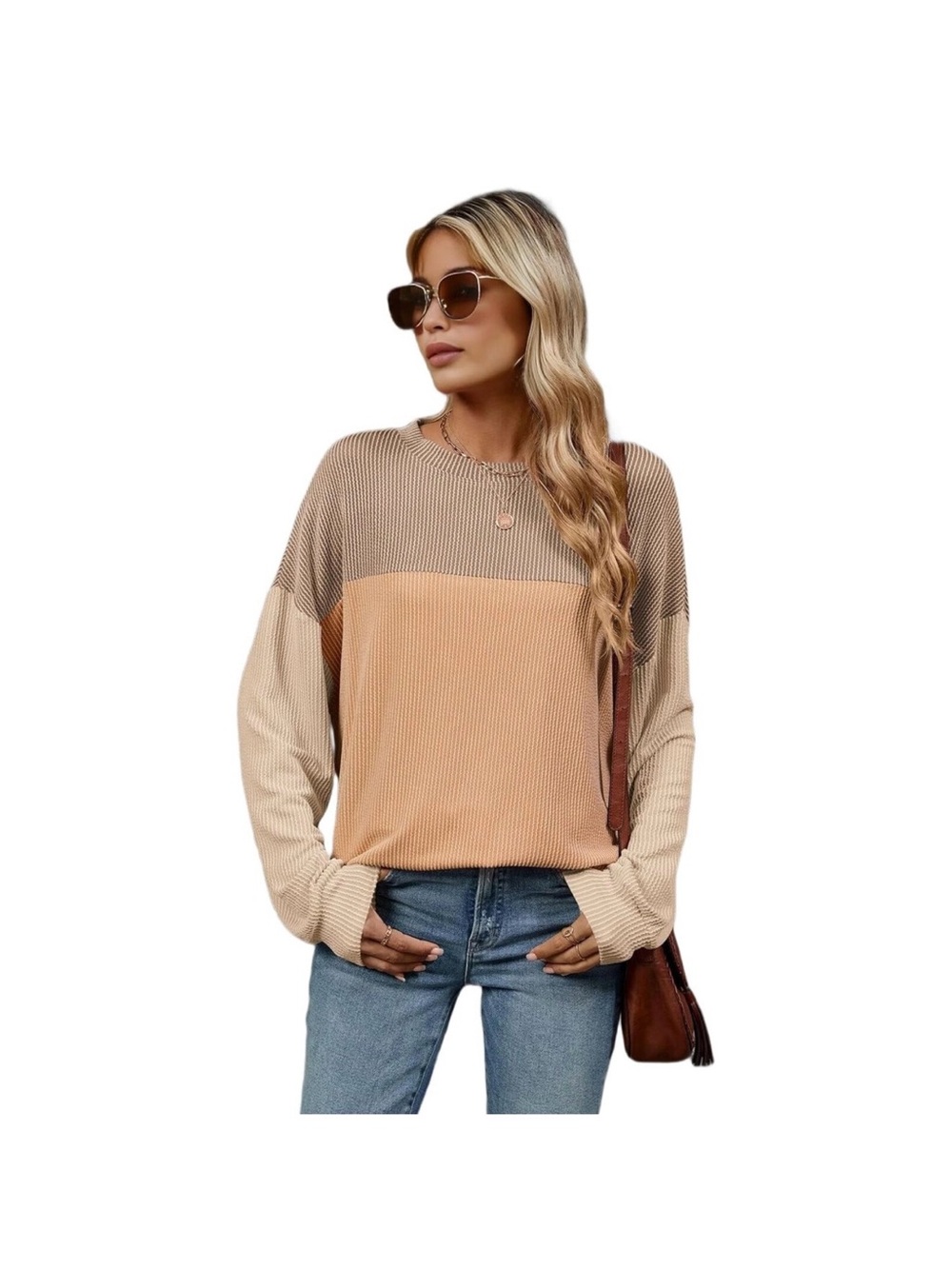 Colorblock Lightweight Knit Top - Beige/Tan